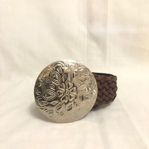 Vintage Brown Braided Leather Boho Belt Big Buckle